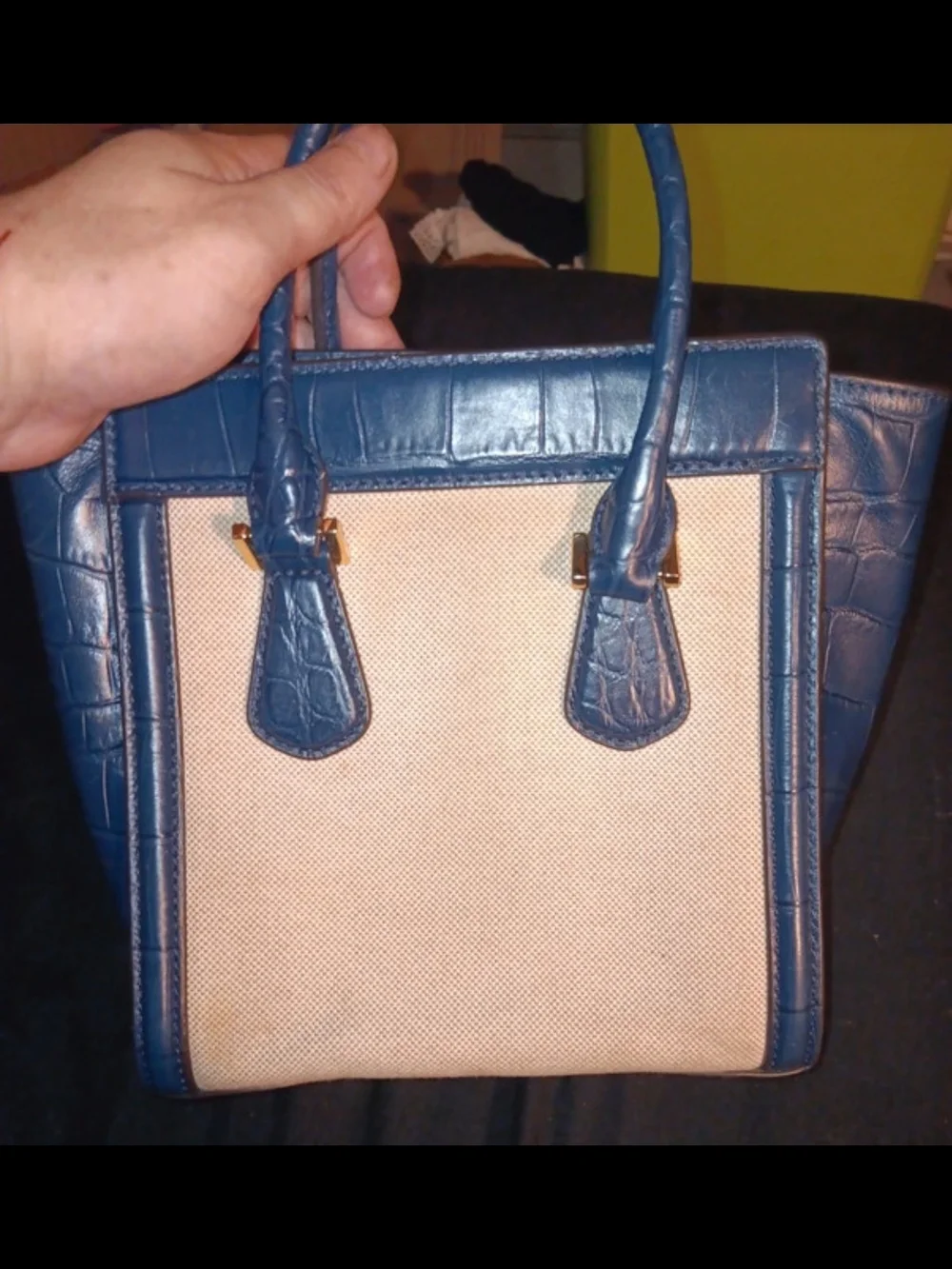 Michael Kors Beige Canvas and Dark Blue Croc Embossed Leather Crossbody Satchel